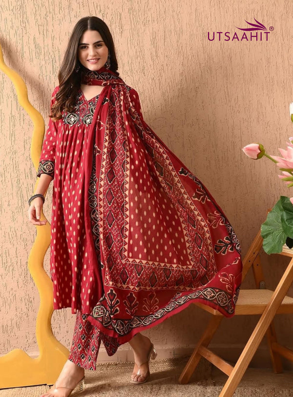A-line Cotton  elegant red floral suit set