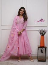 Premium Cotton Straight Fit with Embroidered Neckline kurti pant dupatta set