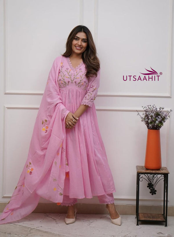 Premium Cotton Straight Fit with Embroidered Neckline kurti pant dupatta set