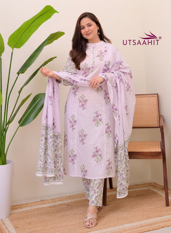 beautiful printed cotton Kurti Pant with Malmal Dupatta set