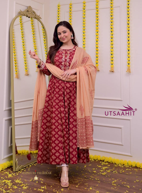 Pure Cotton  exclusive A-Line kurti pant dupatta set