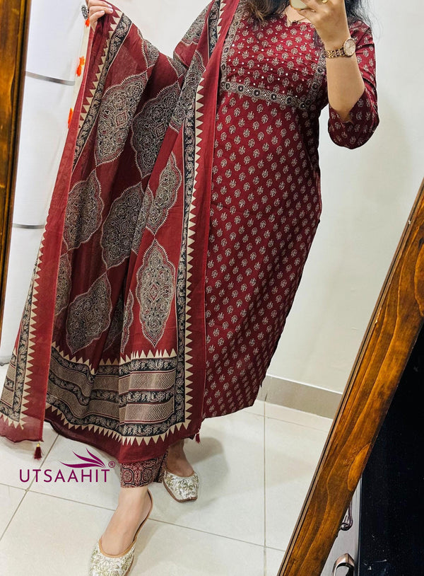 Premium Fine Cotton  Embroidery Work on Yoke Azrak Suit Set