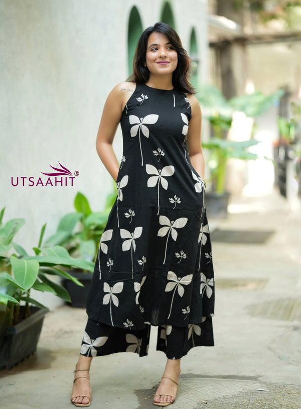 trendy A-line pattern with cut sleeves Premium Floral Fine Cotton Co-ord Set