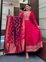 Banana Silk with Pure Cotton Lining Exquisite Anarkali Flared Kurti Pant Dupatta Set