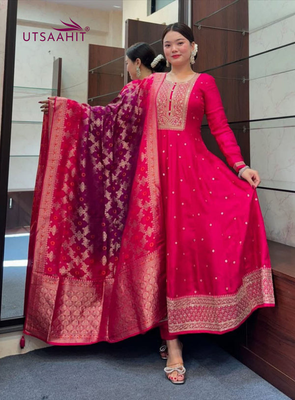 Banana Silk with Pure Cotton Lining Exquisite Anarkali Flared Kurti Pant Dupatta Set
