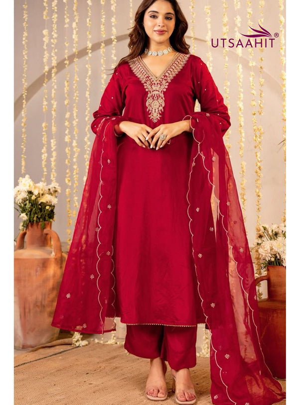 Premium Soft Roman Silk Fabric Kurti Pant Dupatta Set
