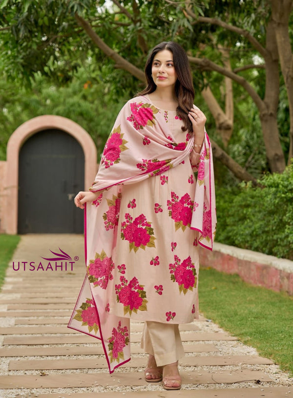 Heavy Pure Cotton fully embroidered kurti pant dupatta set