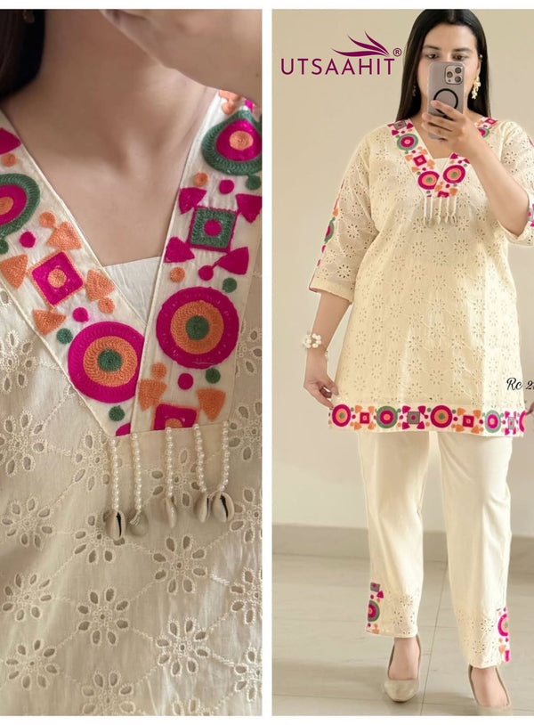 Off-White Premium Cotton Schifli Kurta Set