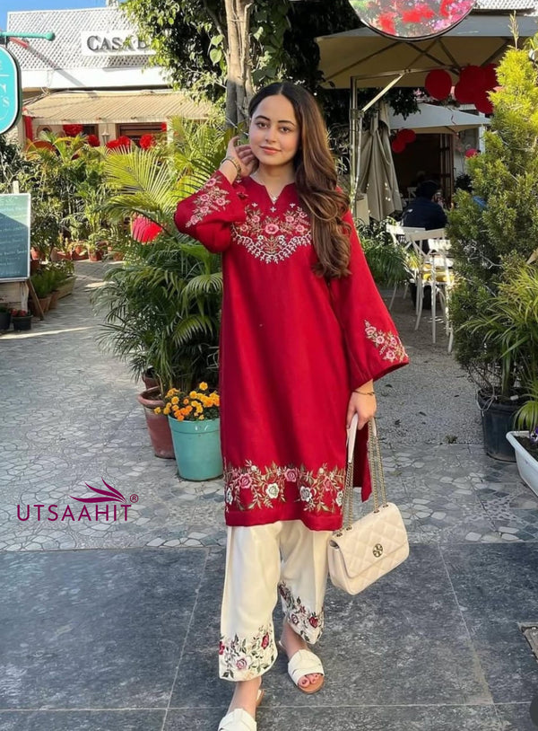 Premium Pure Cotton Red Embroidered Co-ord Set