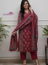 Heavy Quality Cotton Designer Frock-Style Kurti Pant Dupatta Set