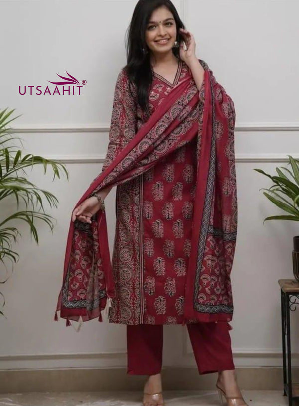 Heavy Quality Cotton Designer Frock-Style Kurti Pant Dupatta Set