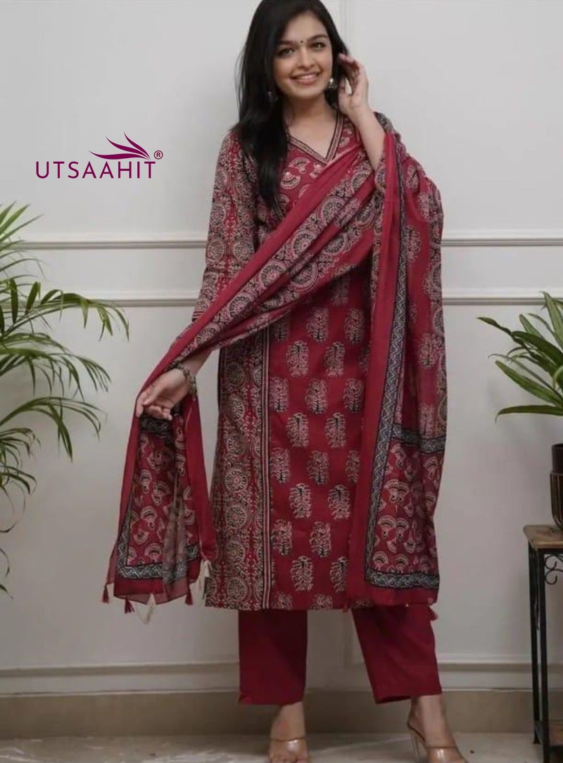 Heavy Quality Cotton Designer Frock-Style Kurti Pant Dupatta Set