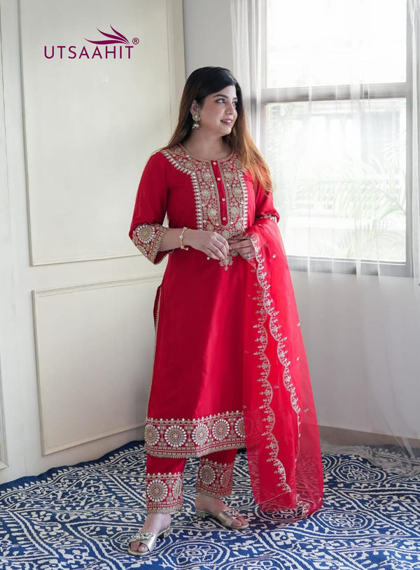 Premium Red Heavy Silk Suit Heavy Silk Pant Organza Dupatta