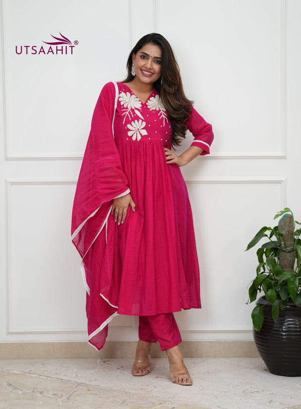 Elegant Flaired Cotton Kurta Set with Malmal Dupatta