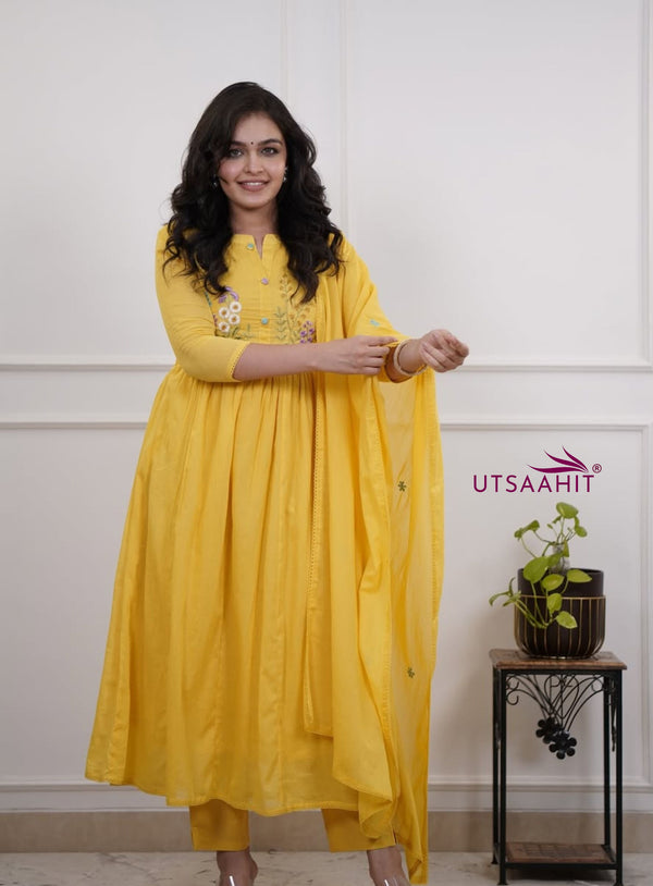 Cotton Embroidered Kurti Pant Dupatta Set