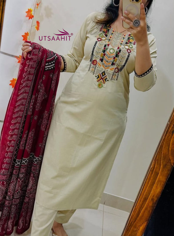 Pure Fine Cotton Embroidered Suit Set