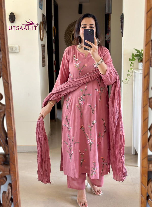 Pure Mul Cotton Embroidered Pant Set