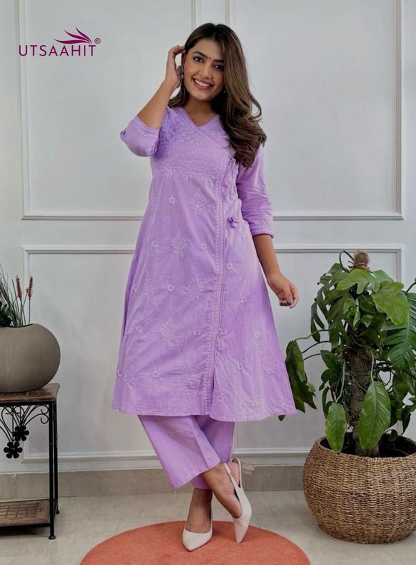 Cotton Chikankari Angrakha Kurta Pant Set for Women Summer Festive Wear