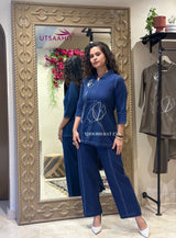 Trendy Blue Cotton Co-ord Set with Floral Embroidery