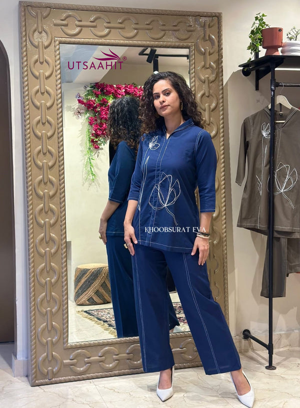Trendy Blue Cotton Co-ord Set with Floral Embroidery