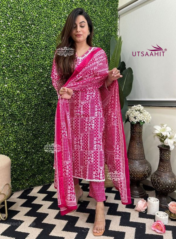 Red & Pink Printed Pure Cotton Suit Set