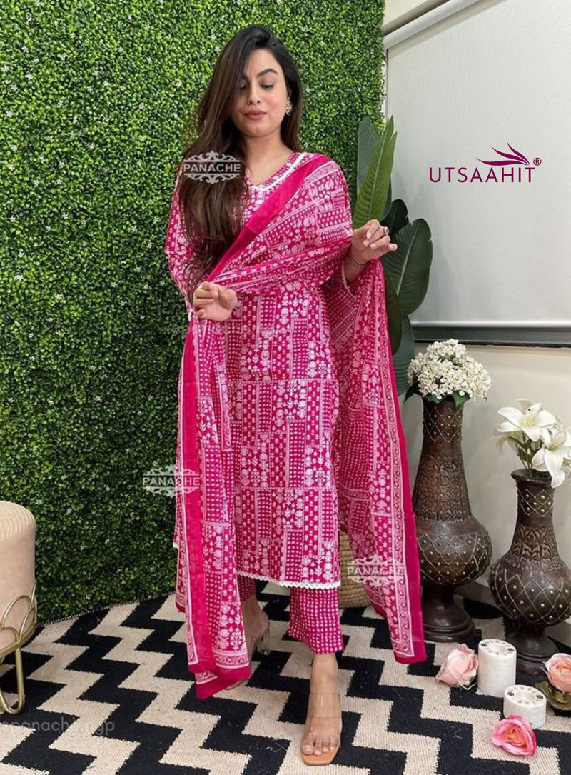 Red & Pink Printed Pure Cotton Suit Set