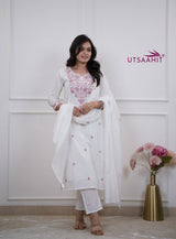 White Flex Cotton Khadi Embroidered Suit Set with Mulmul Dupatta