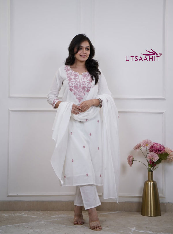 White Flex Cotton Khadi Embroidered Suit Set with Mulmul Dupatta