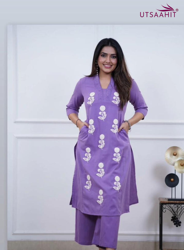 Pure Cotton Co-ord Set with Embroidery &amp; Lace