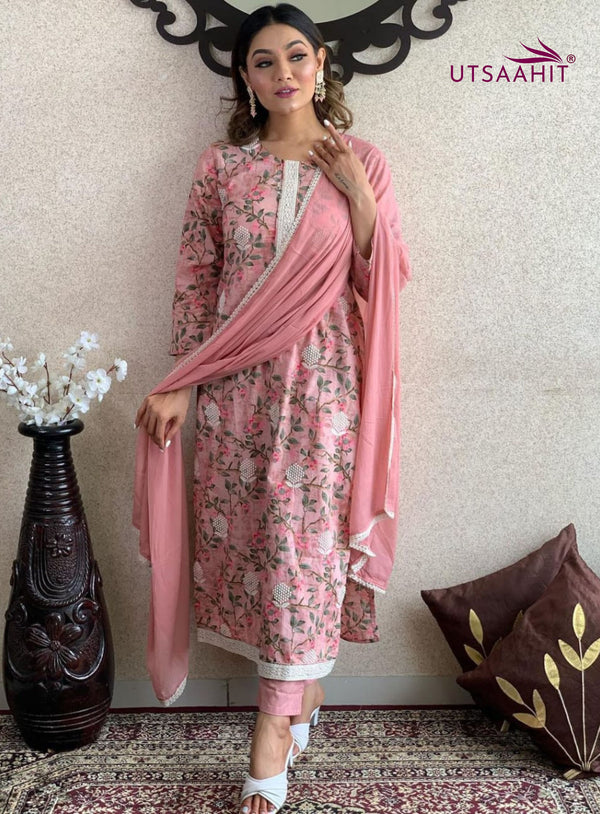 Elegant Embroidered Cotton Suit Set with Chiffon Dupatta