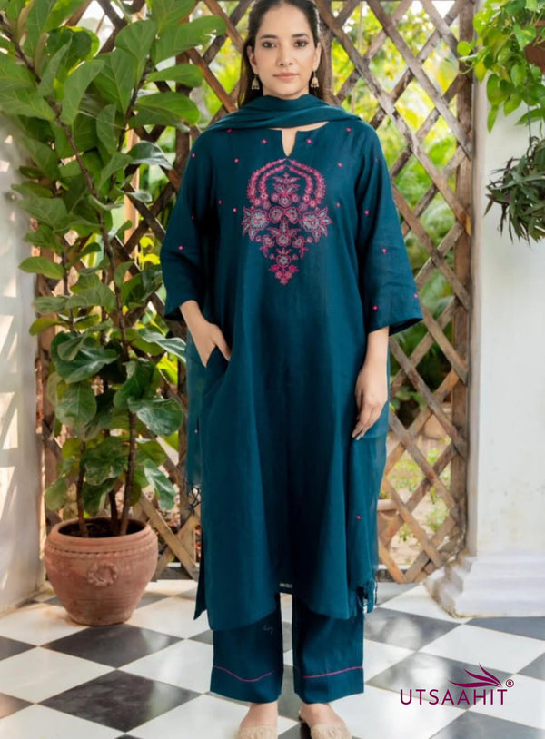 A-Line Cotton Slub Kurta Pant Dupatta Set with Floral Embroidery