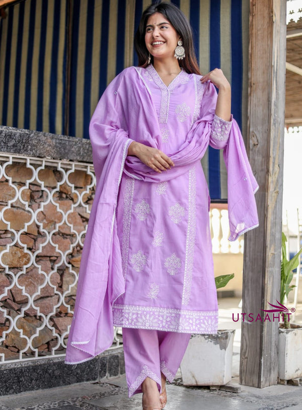 New Summer Cotton Embroidered Kurta Pant Dupatta Set