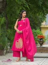 Pure Cotton Heavy Embroidered Sleeveless Suit Set with Dori Work