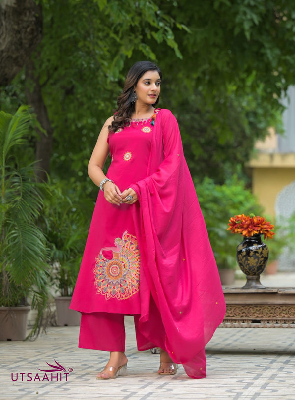 Pure Cotton Heavy Embroidered Sleeveless Suit Set with Dori Work