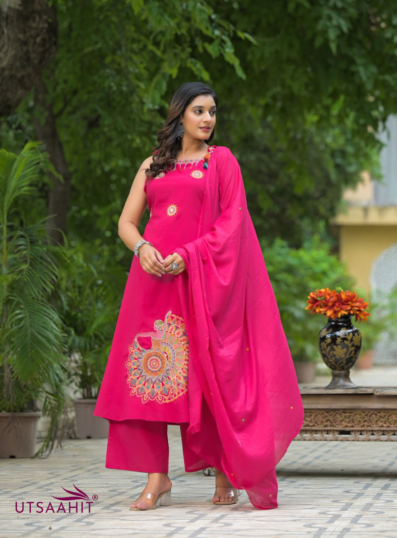 Pure Cotton Heavy Embroidered Sleeveless Suit Set with Dori Work