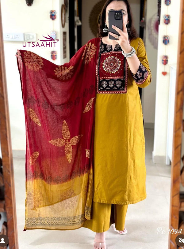 Pure Cotton Embroidered Kurti Set with Tie-Dye Dupatta