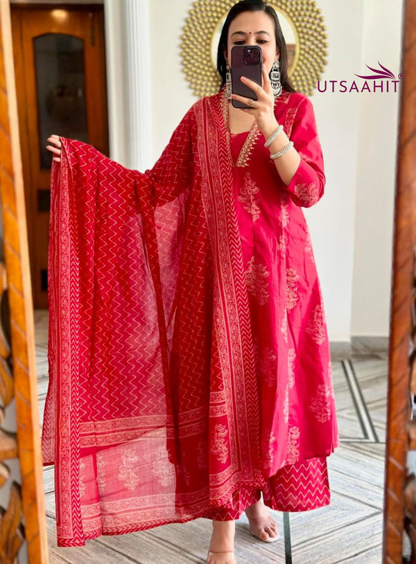Red Cotton Suit Set with Golden Print &amp; Mulmul Dupatta