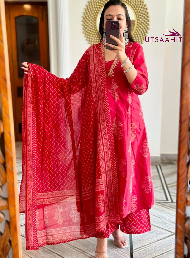Red Cotton Suit Set with Golden Print &amp; Mulmul Dupatta