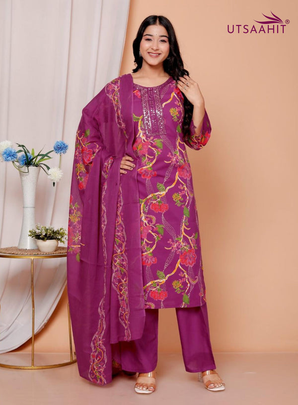 Elegant Heavy Cotton Embroidered Kurti Pant Dupatta Set