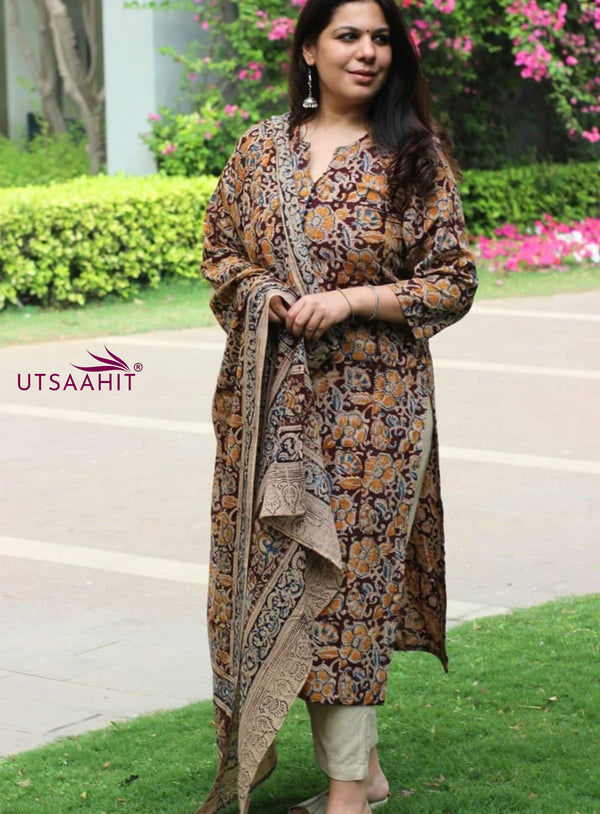 Premium Kalamkari Heavy Cotton Kurti Pant Dupatta Set