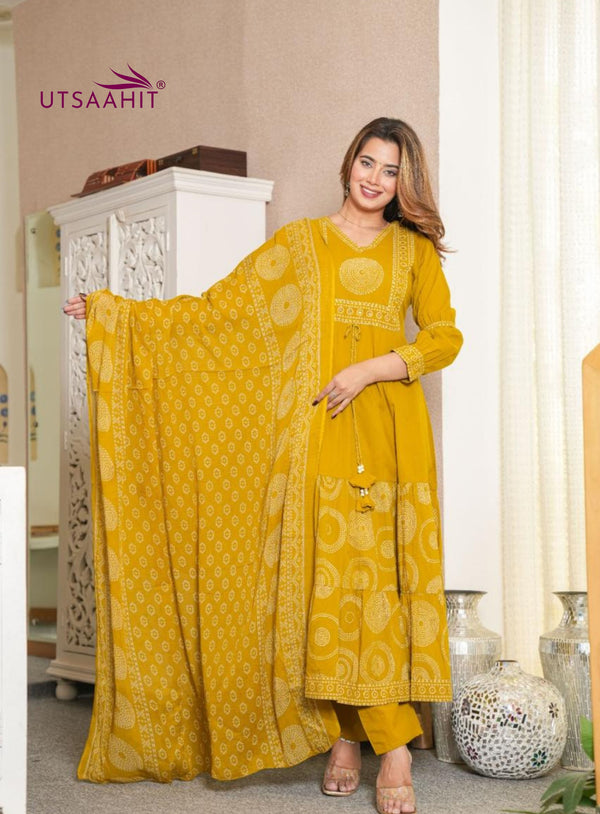 Elegant Cotton Anarkali Kurta Pant Dupatta Set with Hand & Adda Work