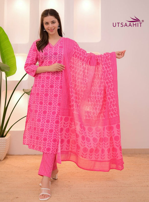 Elegant Cotton 60x60 A-Line Kurti Pant Dupatta Set with Embroidery