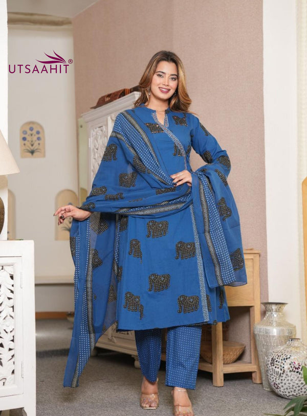 Premium Cotton Elephant Print Kurta Pant Dupatta Set