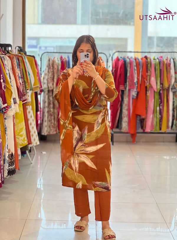 Trendy Cotton Reyon Floral Print Kurta Pant Dupatta Set with Handwork Neck