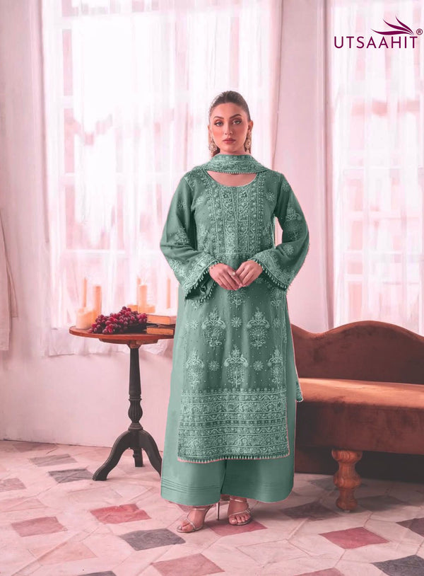 Premium Heavy Faux Georgette Embroidered Kurti Palazzo Dupatta Set