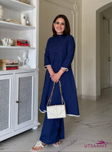 Navy Blue Solid Cotton Co-ord Set with Bead Work &amp; Crochet Lace Detailing