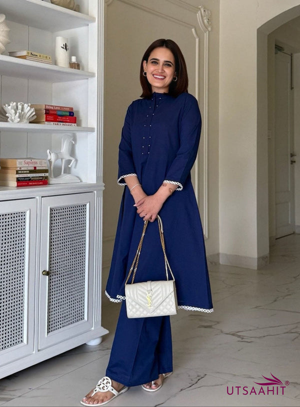 Navy Blue Solid Cotton Co-ord Set with Bead Work &amp; Crochet Lace Detailing