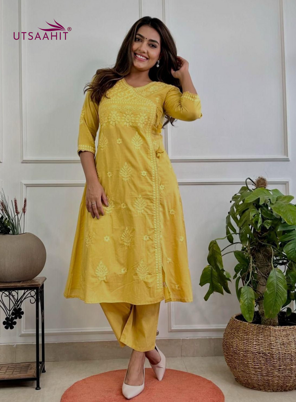 Cotton Chikankari Angrakha Kurta Pant Set for Women Summer Festive Wear