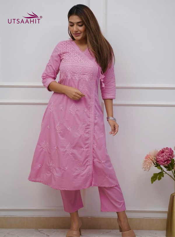 Cotton Chikankari Angrakha Kurta Pant Set for Women Summer Festive Wear