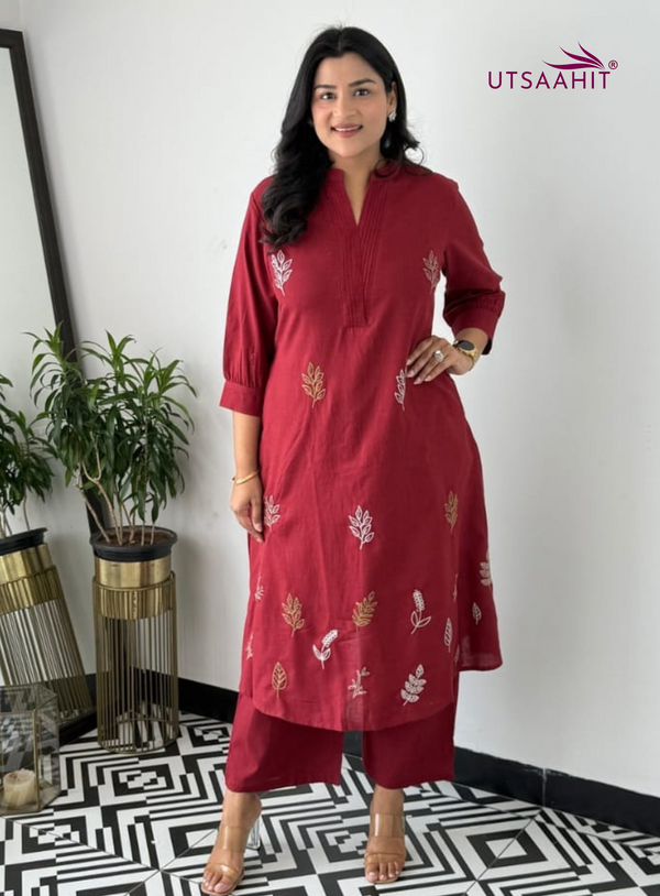 Cotton Collared Kurta Pant Set | Elegant Embroidered Co-ord